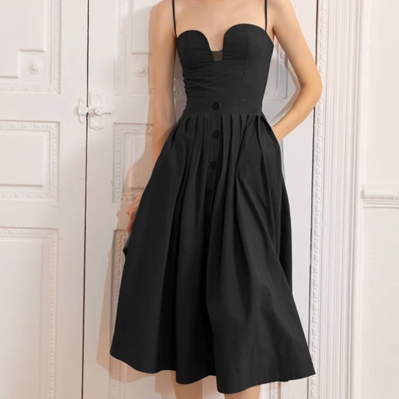 Black Midi Dress Flared Skirt Fitted Bustier Sweetheart Mesh Neckline Cami - Picture 13 of 15